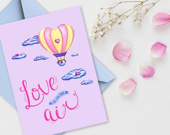 Valentines Printable Card for Her, Cute Instant Digital Download Valentine card Printable valentines love Hot Air Balloon Love is in the Air