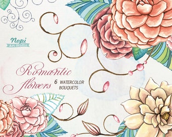 Watercolor Flower Clipart Bouquets, Valentines Watercolor Floral Digital PNG Clip Art, Romantic Wedding Bouquet, DIY Invitation Elements