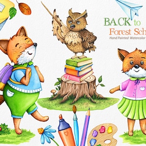 School Watercolor Clipart, Back to Forest Education School Supplies, Woodland Animals, Kids Nursery, Leaves, Fox Student, Owl Teacher, Livres