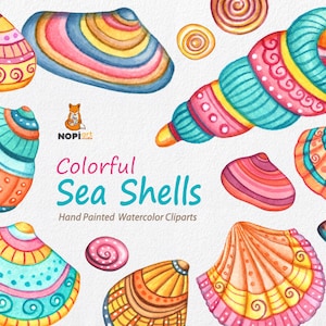 Colorful Watercolor Seashells Clipart, Hand painted Nautical Ocean Coral Shells Tropical Summer Elements Digital PNG, Beach Wedding Clip art