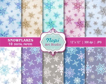 Snowflake Watercolor Digital Paper Winter Clipart Snowflakes Scrapbook Paper, Christmas Background, Printable Paper, Winter Holiday Pattern