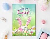 Printable Easter card, Happy Easter card, Cute Easter digital download Greeting Card, Watercolor Easter bunny rabbit ears with Easter eggs