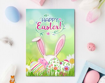 Printable Easter card, Happy Easter card, Cute Easter digital download Greeting Card, Watercolor Easter bunny rabbit ears with Easter eggs