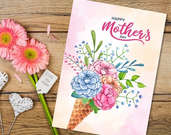 Happy mother's day PRINTABLE card, Digital download mom greeting card template, Print for Mom Wife, Watercolor flowers bouquet Ice cream