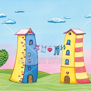 Printable Valentines Day wall art Cartoon Houses, Nursery Room Art, Watercolor Illustration, Instant Download, Houses with Clothes Line