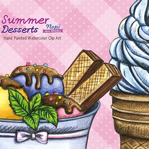 Watercolor Ice Cream Clipart, Sweets Clipart, Summer Desserts, Ice Cream Cone, Party Invitation, PNG Paper Crafts Scrapbook, Ice Cream Scoop image 2