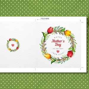 May include: A white card with a watercolour wreath of flowers and the text "Happy Mother's Day to the best Mum ever".