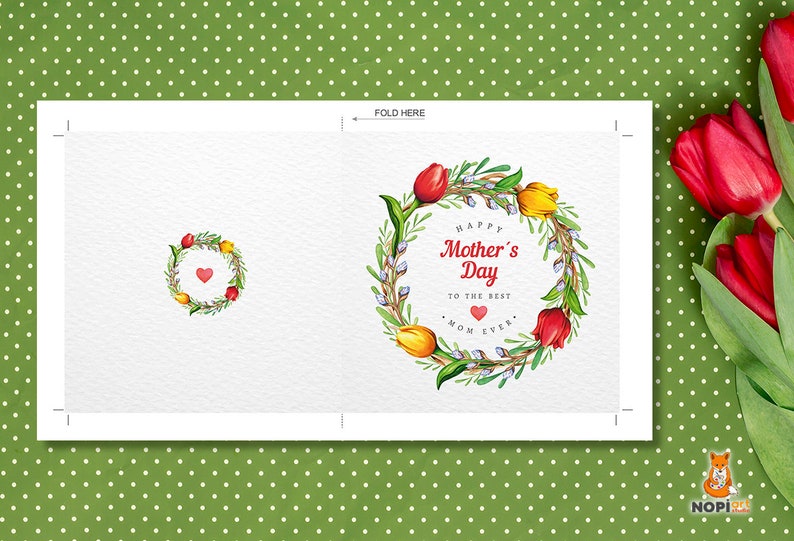 May include: A white card with a watercolour wreath of flowers and the text "Happy Mother's Day to the best Mum ever".