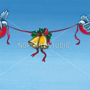 Kerstvakantie afdrukbare muurkunst, wenskaart, wintervogels, kerstklokken, instant digitale download aquarel, vrolijk, hulst, groeten