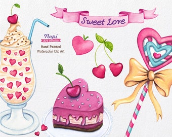 Valentines Love PNG Elements, Sweets Watercolor Clipart Set, Ice Cream Desserts Clipart, PNG Birthday Party Hearts Cherries, Lollipop Banner
