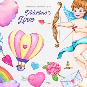 Valentines Love aquarel clipart, Cupid PNG clipart, romantische liefde stickers planner leveringen, harten lucht ballon liefde brief regenboog pijl