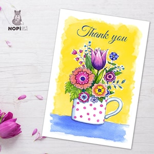 Merci carte IMPRIMABLE Modèle de carte de douche nuptiale Téléchargement instantané carte numérique pliée Mariage floral DIY Carte de remerciement Bouquet de fleurs