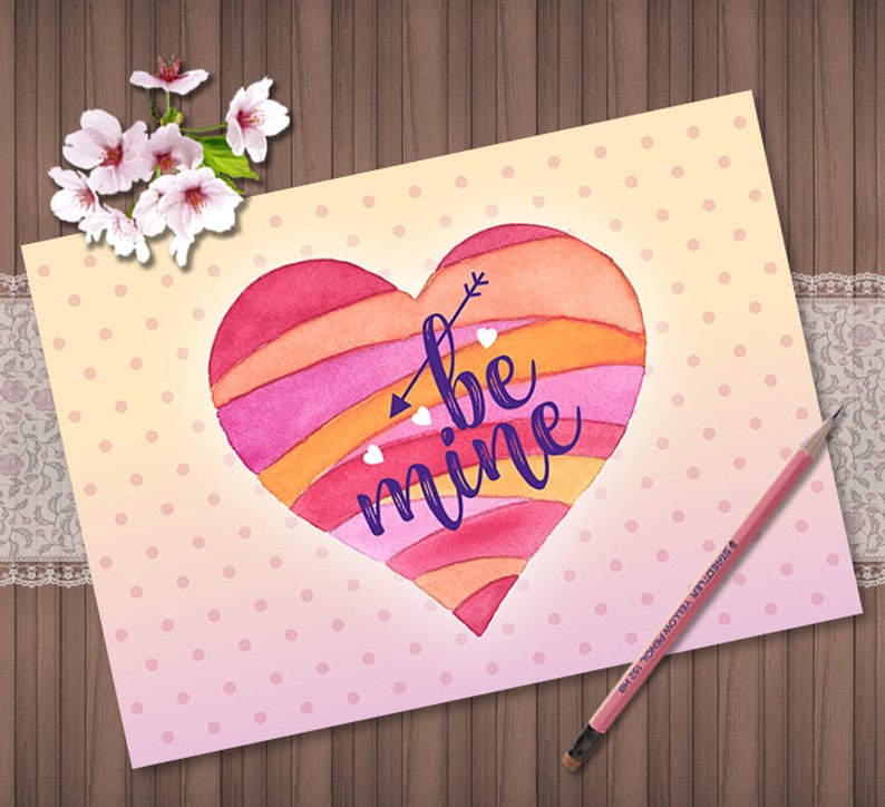 Printable Valentines Day Digital Card, Valentines Day Greeting Card, Be mine DIY Love Card, Anniversary Card, Colorful Hand Painted Heart, image 1