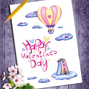 Cartão de feliz dia dos namorados para ela, cartão de dia dos namorados para impressão, download digital Cartão romântico Balão de ar quente DIY Valentine Download instantâneo