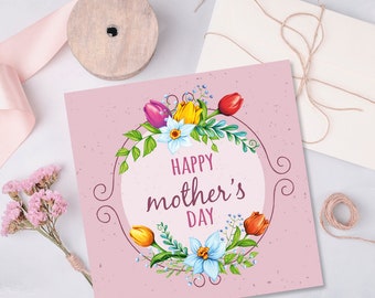 Printable mom greeting card Happy Mothers Day, 5x5 PDF Digital Download, Watercolor Floral Greeting Card template, Card for Mom Wife Grandma