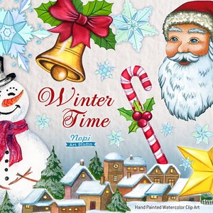 Christmas Watercolor Clipart, Xmas Diy Holiday Hand Painted Clipart, Christmas Ornament, Winter Houses Landscape, Santa Snowman Snowflakes