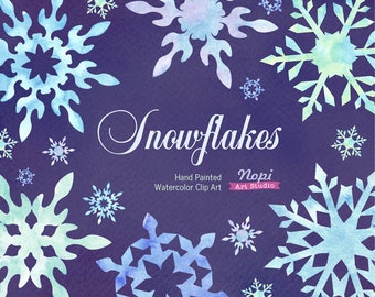 Copos de nieve Clip Art, Acuarela de Navidad pintado a mano Clipart, PNG Xmas snowflake Elementos, invierno coloridos copos de nieve, tarjeta de felicitación Diy