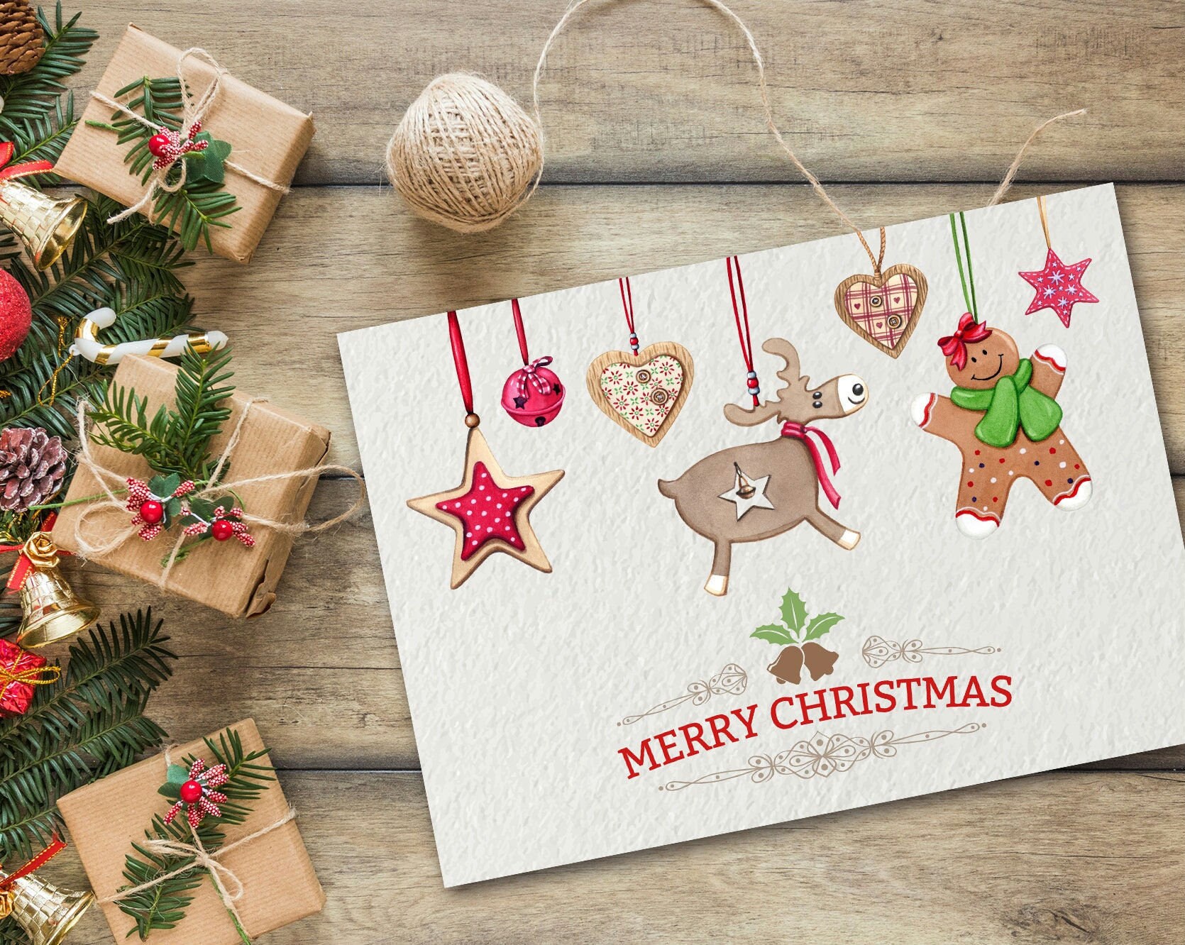 Digital christmas card, Merry Christmas Printable Holiday Card, Xmas Instant Download Card, Holiday Seasons Greetings with Ornaments
