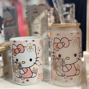 Kawaii Kitty, boho kitty 15oz coffee mug or 16 oz Beer Glass with Bamboo Lid and Straw,  Iced coffee, gift idea, coworker gift