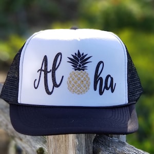 Aloha Trucker Hat, Aloha Hat, Glitter Pineapple hat,Summer Hat, Teacher Gift,  Gift under 20.00,Hawaii, Hawaii Hat, Ladies Hat, Fun Hat