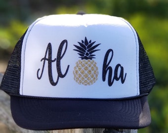 Aloha Pineapple Trucker Hat: Glitter Hawaii Summer Hat