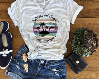 Saltwater and Sunsets Cure Everything, V-Neck Tee: Ladies Beach Shirt, Sublimated Tee