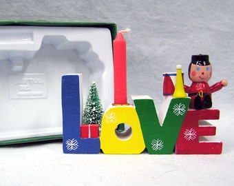 Vtg Hand Painted Wood Christmas LOVE Candle Holder by New Design Taiwan