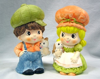Vtg 1970's Girl & Boy Holly Hobby Style Standing Banks w Stoppers Taiwan Psychedlic Neon