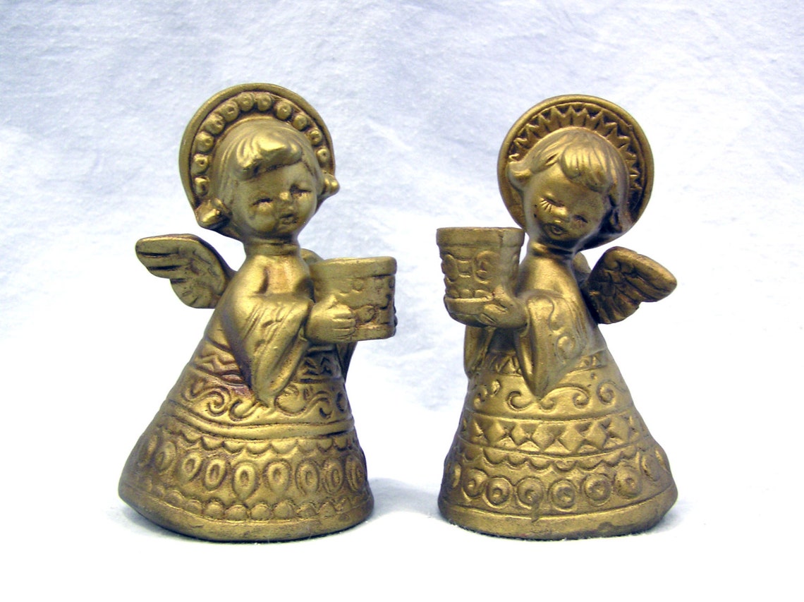 Vtg Gold Painted ANGELS Candle Holders Plaster Ceramic 7444 Etsy