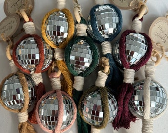 Disco Ornaments - Mini Macrame Disco Ball Hanger - 2" Disco Ball - 9 color options - Christmas Ornament- Stocking Stuffer- Disco Car Charm