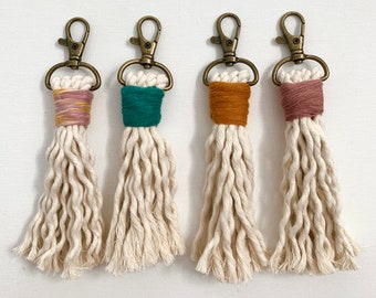 Tassel Keychain - Pick your accent color - Natural cotton cord - Brass clip- Stocking Stuffer