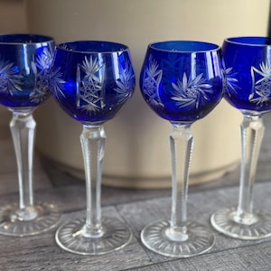 Vintage Bohemian Cobalt Blue Star Wine Cordial Traube Crystal Glasses - Set of 4