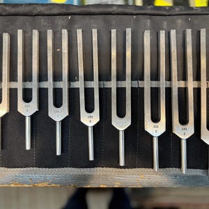 Set of 9 Medivibe Tuning Forks + Om Tuner – Sound Therapy & Chakra