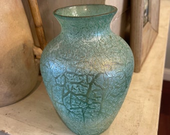 Vintage Blue Iridescent Crackle Texture Glass Vase