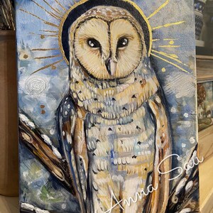 Wise Owl Acrylic Painting Owl Bird Portrait Gold Leaf