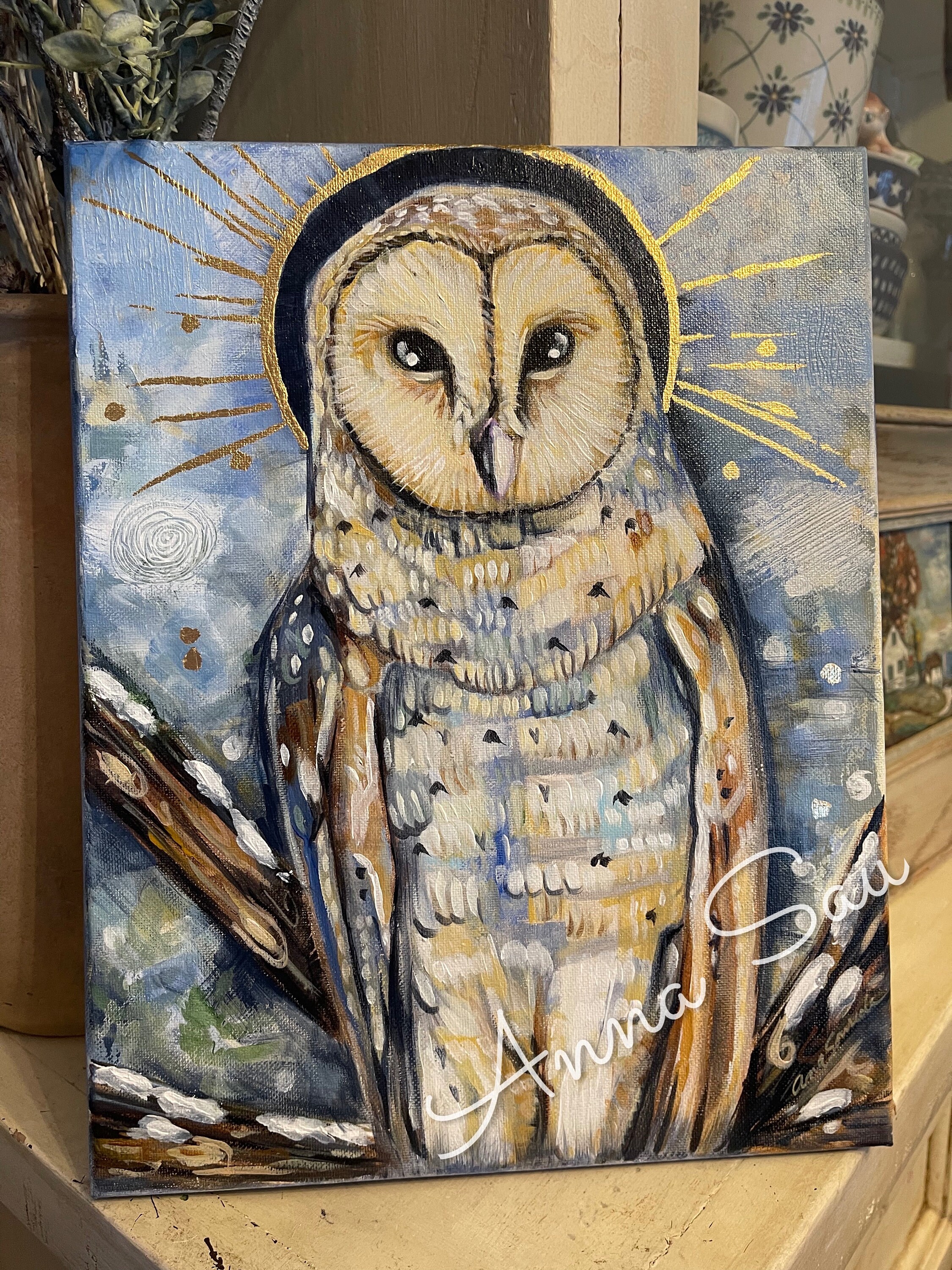 Wise Owl Acrylic Painting Owl Bird Portrait Gold Leaf