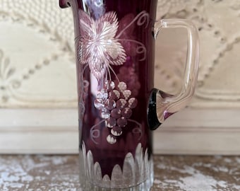 Vintage Bohemian Czech Crystal Purple Pitcher Cut to Clear
