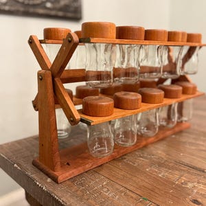 Rare Vintage MCM Danish Teak 20 Glass Jar Carousel Spice Rack