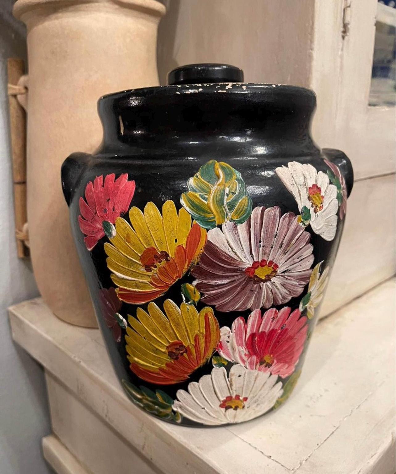 Vintage Folk Style Primitive Ransburg Pottery Hand Painted Floral