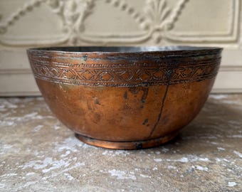 Antique Tinned Copper Plated Etched Bowl Hand Forged Middle East