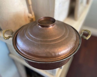 Vintage Hammered Copper on Metal Dome Lidded Pot Brass Handles