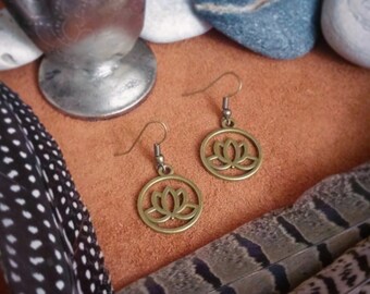 Mantra // Yoga Earrings // Lotus Earrings // Bohemian // Hippie Earrings // Boho Earrings // Bronze Earrings // Flower Earrings // Cute