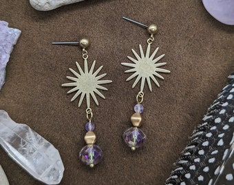 Daystar // Brass Earrings, Statement Earrings, Sun Earrings, Gold Earrings, Boho Earrings, Bohemian, Dangle Earrings, Beaded Earrings