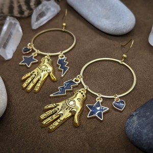 Psychic // Witchy Earrings // Wiccan Brass Earrings // Gold Earrings // Boho // Star Earrings // Celestial // Palm Reading // Evil Eye