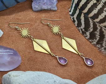 Harper // Pendientes de latón, Pendientes de declaración, Pendientes de sol, Pendientes de oro, Pendientes Boho, Boho, Pendientes colgantes, Pendientes de cristal