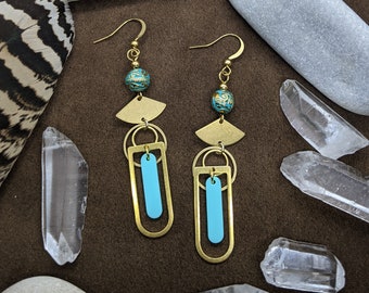 Boheme // Brass Earrings // Gold Earrings // Boho // Bohemian // Turquoise // Geometric // Dangle // Hippie Earrings