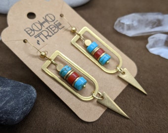Warrior // Brass Earrings // Gold Earrings // Boho // Turquoise // Geometric // Dangle // Spike Earrings // Tribal Earrings