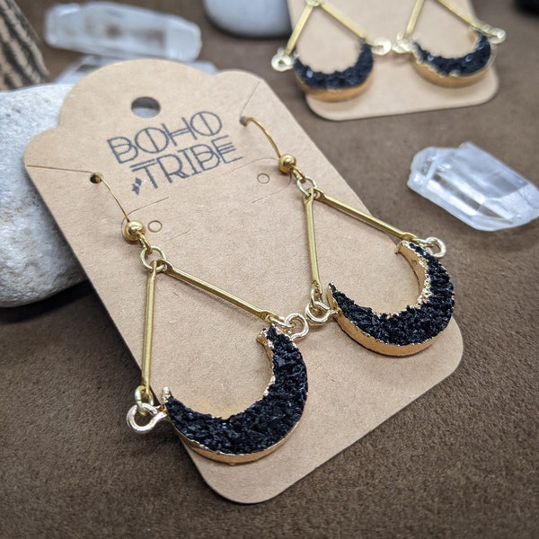 Twilight // Crescent Moon Earrings, Brass Earrings, Gold Earrings, Boho Earrings, Celestial Earrings, Druzy Earrings, Witchy Earrings