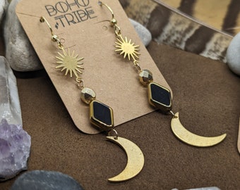 Dark Side // Sun and Moon Earrings, Crescent Moon, Bohemian Earrings, Boho Jewelry, Witchy Earrings, Celestial Earrings, Wiccan Earrings