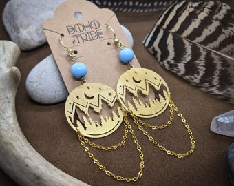 Juneau // Mountain Earrings // Crescent Moon Earrings // Brass Earrings // Gold Earrings // Boho Earrings // Turquoise // Celestial Earrings
